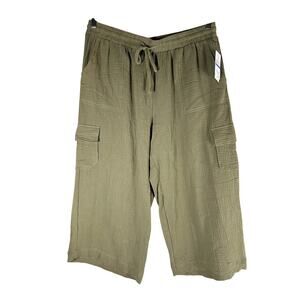 Single Thread 100% Cotton Gauzy Cropped Pants Size XL Elastic Waist Olive